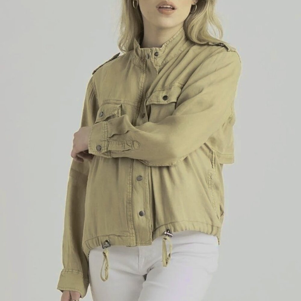 Dex Tan Semi-Cropped Utility Moto Jacket Plus Size 1X Neutral Cargo